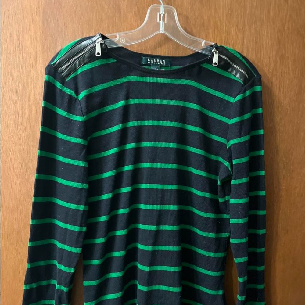 Lauren Ralph Lauren Navy Blue and Green Striped Top - 100% Cotton